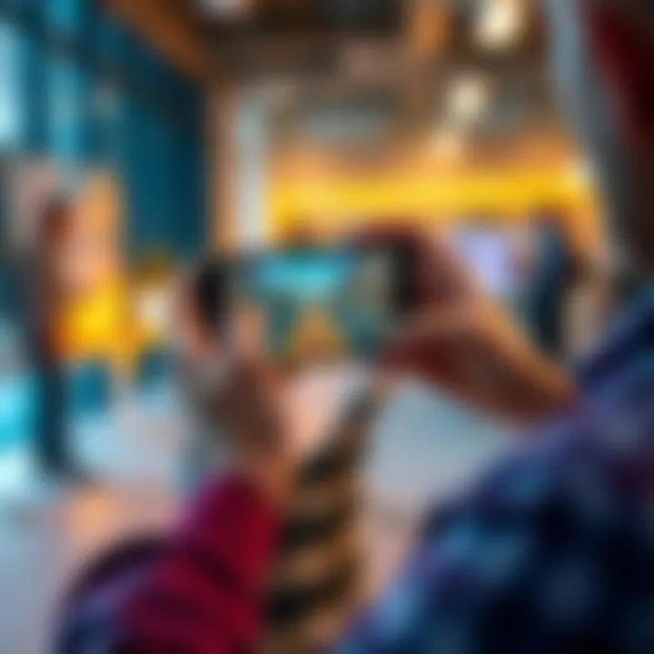 A person playing a mobile game on a smartphone during a break at work, with office background