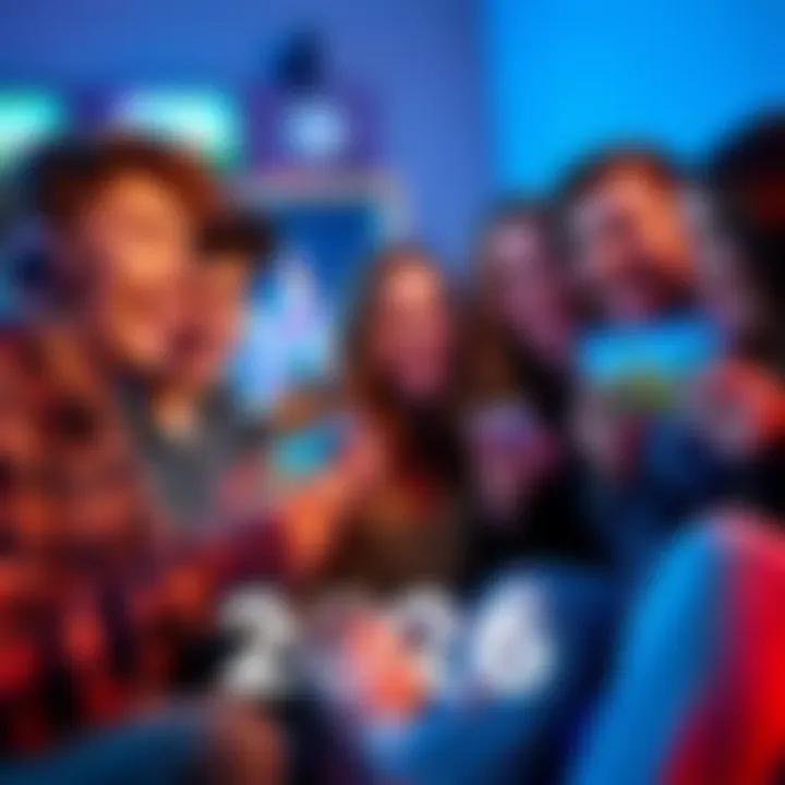 A group of friends playing mobile games together, laughing and enjoying their time with colorful game graphics on their phones.