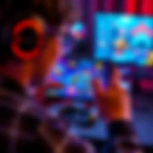 A gamer holding a smartphone with vibrant graphics on the screen, surrounded by gaming accessories and colorful game icons.