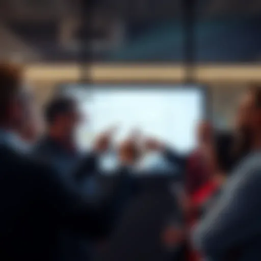 People mocking their own tactics A group of people laughing and pointing at comments on a screen, highlighting their own slanderous tactics