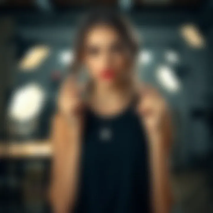 A tired model proudly shows off a sparkling necklace acquired during a tough photo shoot, with studio lights and camera equipment in the background.