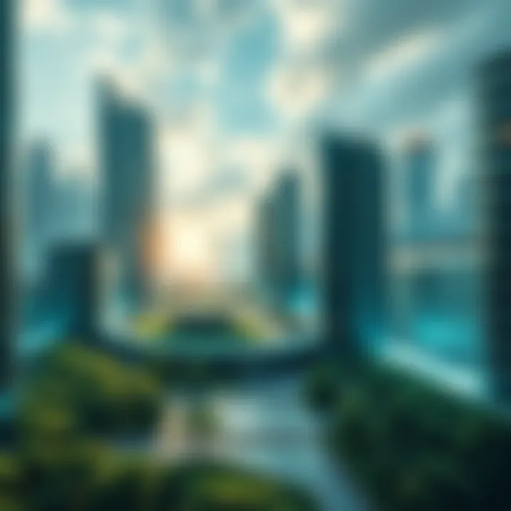 A futuristic cityscape blending nature and technology, with green spaces and advanced buildings reflecting innovation