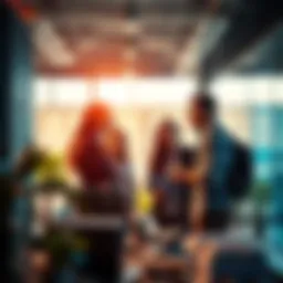 A team of professionals discussing innovative technology solutions in a bright office environment.