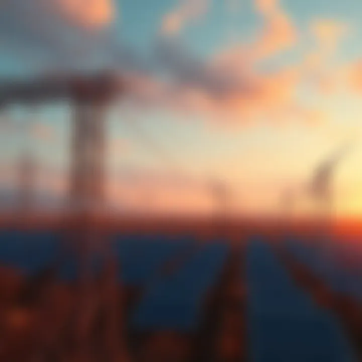 Aging power lines alongside new solar panels and wind turbines, highlighting the contrast in energy technology