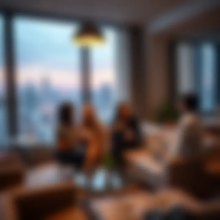 A group of friends sitting in a stylish modern apartment, laughing and chatting over coffee, with a vibrant city view in the background.
