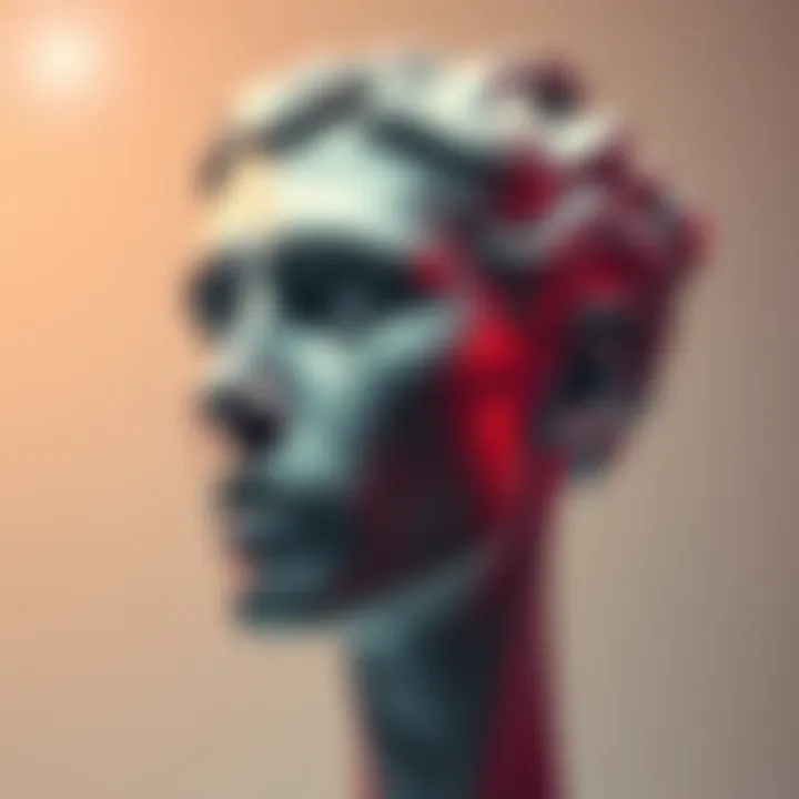 A detailed view of a contemporary head sculpture showcasing intricate features and artistic expression.