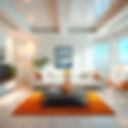 A bright living room being transformed with animated furniture and decor changes, showcasing different design styles and layouts.