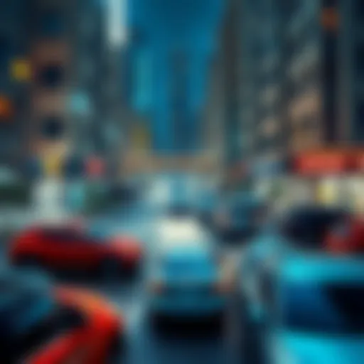 A busy urban area with innovative parking solutions like smart meters and organized parking lots, showing cars parked efficiently.