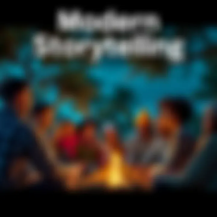 Modern Storytelling A group of diverse people engaging in storytelling around a campfire, sharing ideas and perspectives.
