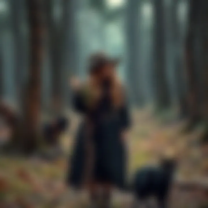 A contemporary witch standing in a forest, wearing casual, dark clothing and holding herbs, with a playful black cat by her side.