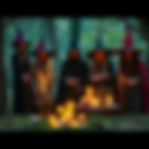 A group of witches in modern attire celebrating their craft with candles and herbs in an outdoor setting.