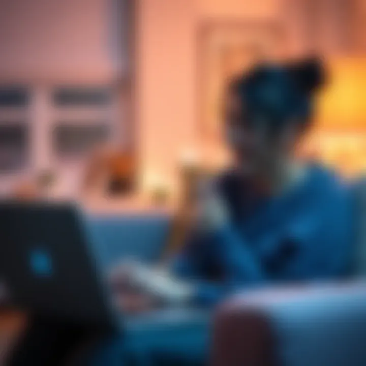 A mother enjoys playing her child's indie game on a laptop, smiling with excitement in her living room