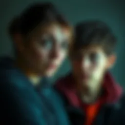 A somber portrait of a mother and son looking concerned, capturing their tense relationship before the tragic event.