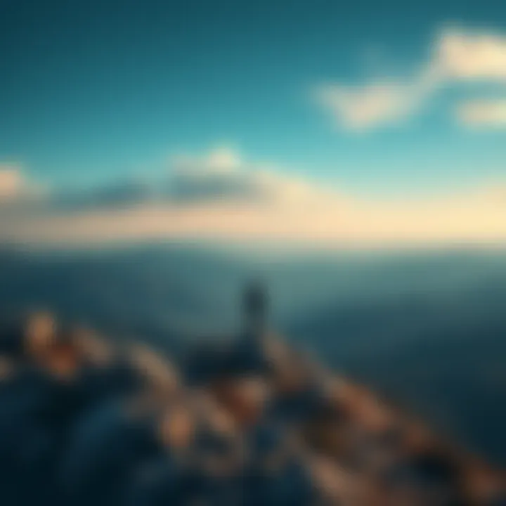 A person standing on a mountain peak, looking out over a vast landscape with a sense of realization and peace.