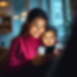 A momfluencer with her child engaging with a smartphone, advocating for child safety online.