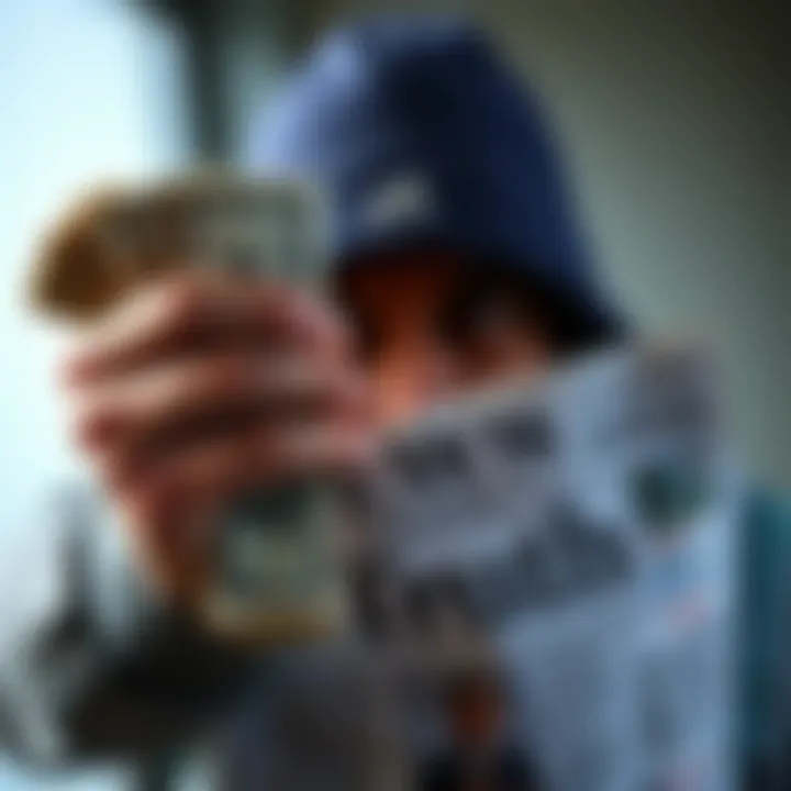 A person holding a stack of cash while ignoring a newspaper with the word 'Truth' on it.