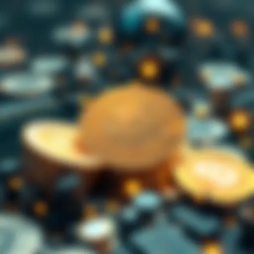 Illustration of digital currency coins and artificial intelligence elements blending together.