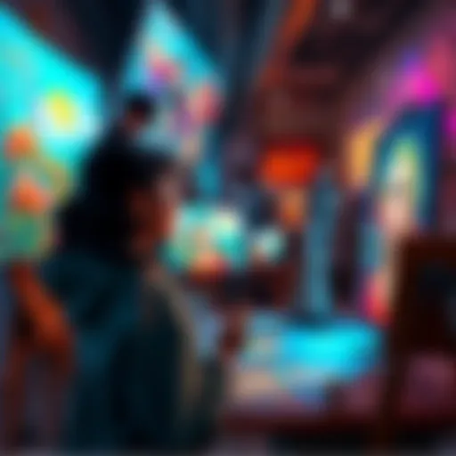 A vibrant scene showing traditional and AI artists collaborating on digital artwork. Paintings and digital screens blend creativity from both worlds.