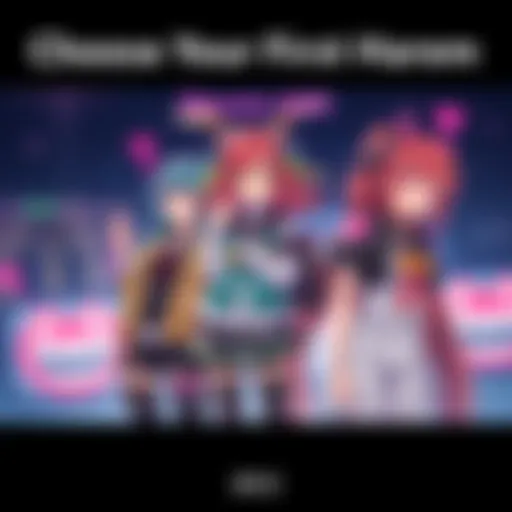 Selection of Monster Girls Three monster girls from Kikaru Academy standing together, each showcasing unique traits and colorful outfits, inviting viewers to choose their favorites for a harem.