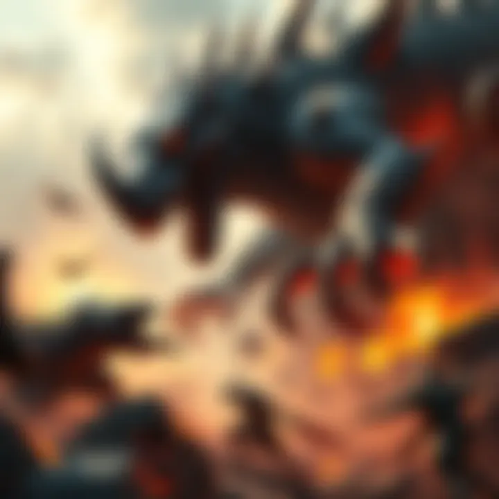 A fierce battle between a giant monster from Monster Hunter and a demon from Doom in a vibrant, chaotic landscape.