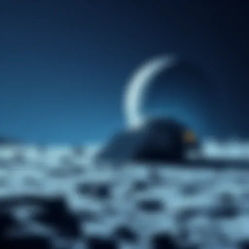 A futuristic lunar base with habitats and solar panels on the Moon's surface, under a starry sky.