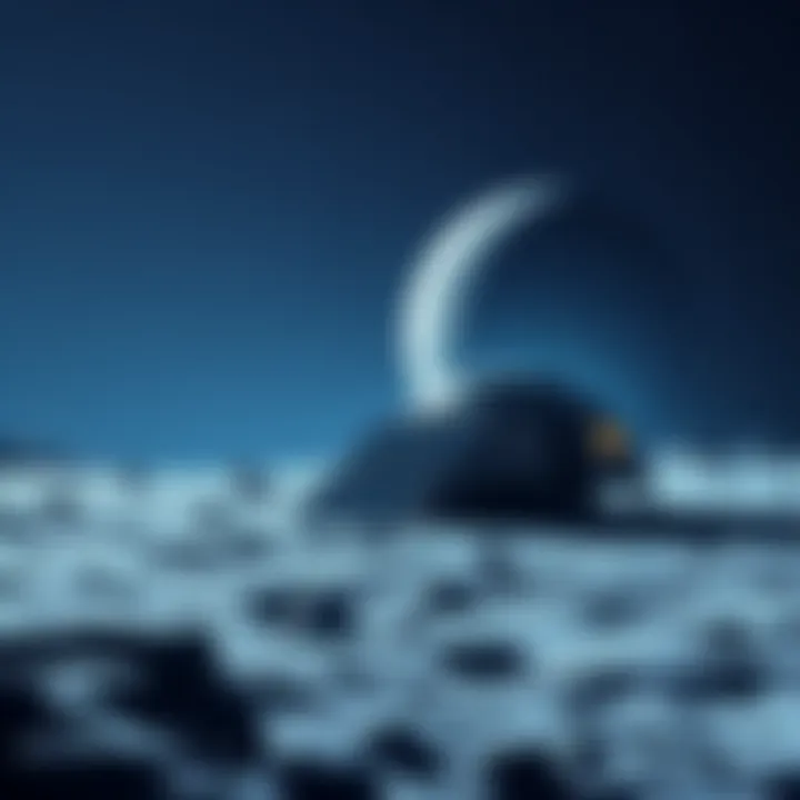 A futuristic lunar base with habitats and solar panels on the Moon's surface, under a starry sky.