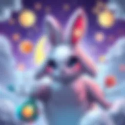 A colorful illustration of a cute bunny character in a fantasy setting, surrounded by whimsical elements like stars and moons, representing the game concept of Moonbunny.