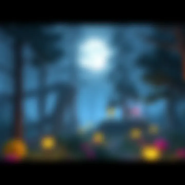 A digital artwork showing a forest at night with glowing elements, featuring character and tile designs for game development.