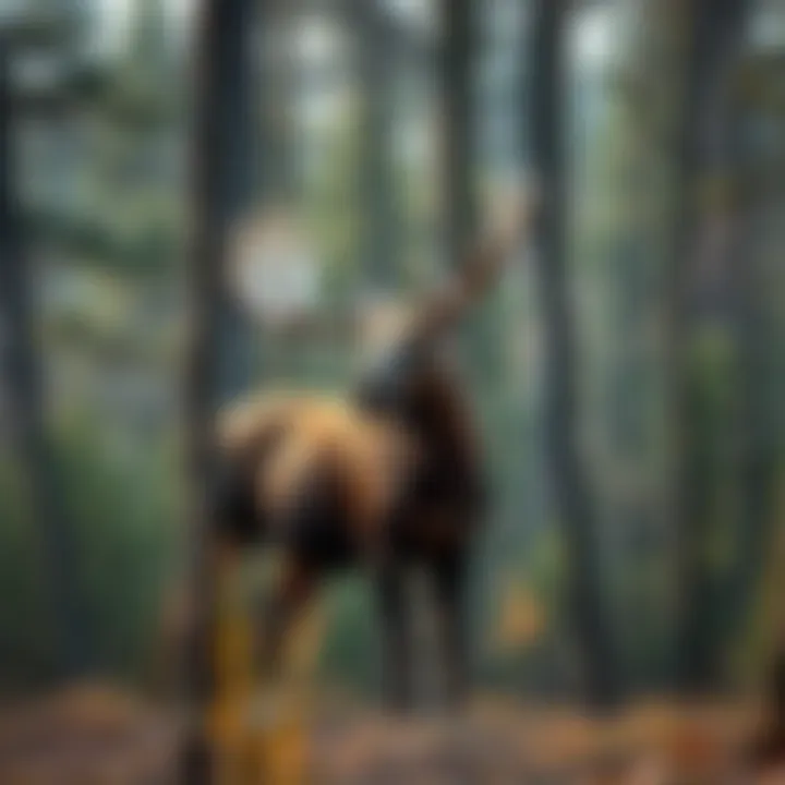 A moose standing in a forest clearing, surrounded by trees.