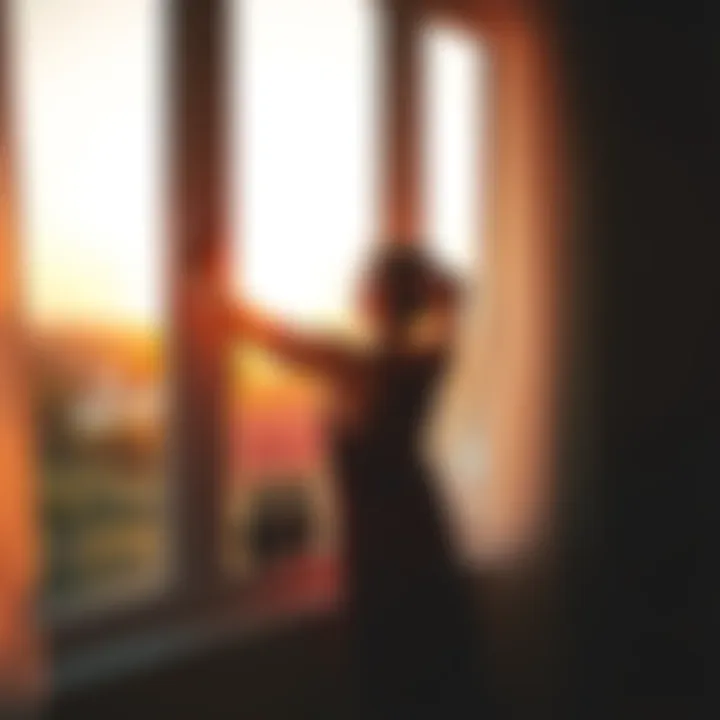 A person stretching by the window during sunrise, enjoying a peaceful morning