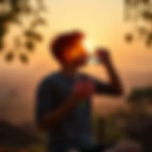 A person drinking water and meditating in the morning sun, surrounded by a peaceful setting.