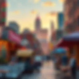 A bustling view of Morning Town with people enjoying outdoor cafes and vibrant street art.