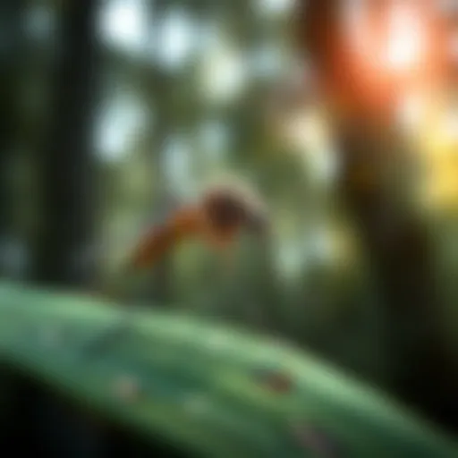 A close-up of a mosquito on a leaf, highlighting its habitat transformation due to climate change, with a blurred background of a forest.