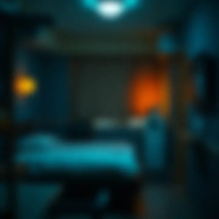 A dimly lit motel room showing a bed and eerie atmosphere, suggesting a crime scene.