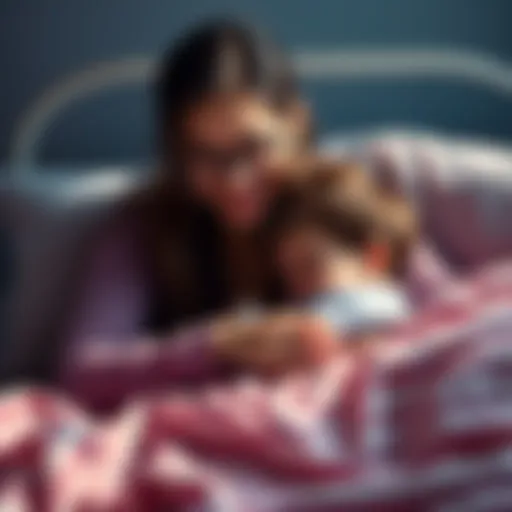 A mother affectionately tucking her child into bed, with a humorous twist where she appears cut in half.