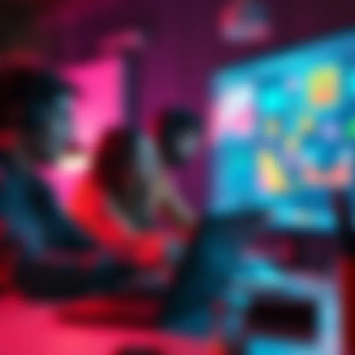 A team of motion designers discussing animation on a laptop, with colorful graphics displayed on the screen