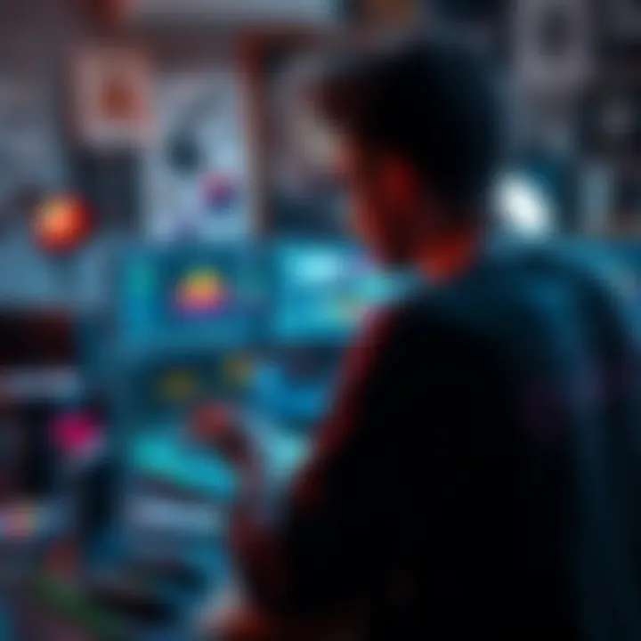 A designer focused on creating motion graphics on a laptop, with colorful designs visible on the screen and art supplies around them.