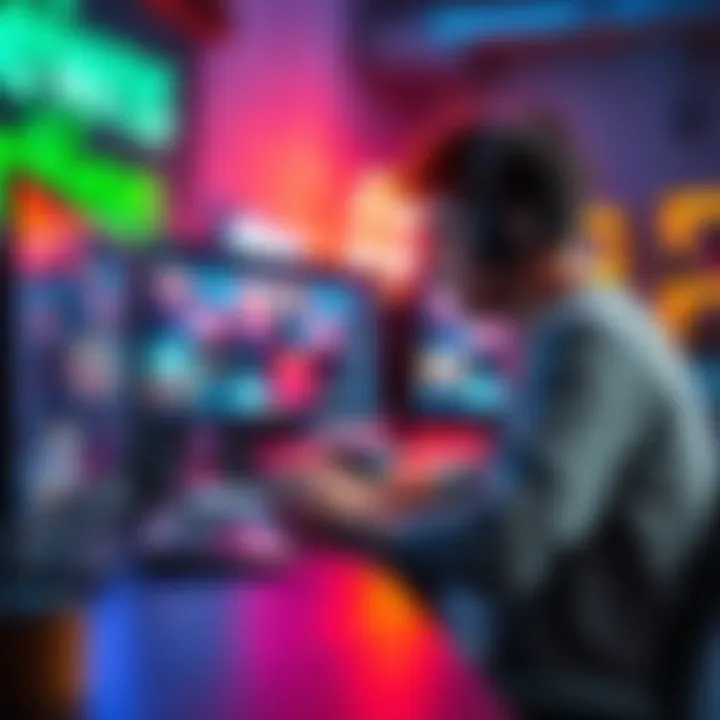 A designer working on a motion design reel featuring vibrant graphics and video clips for broadcast and sports.
