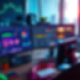 A motion designer creating visuals on a computer, showcasing colorful graphics and animations, with tools and software visible on the screen.