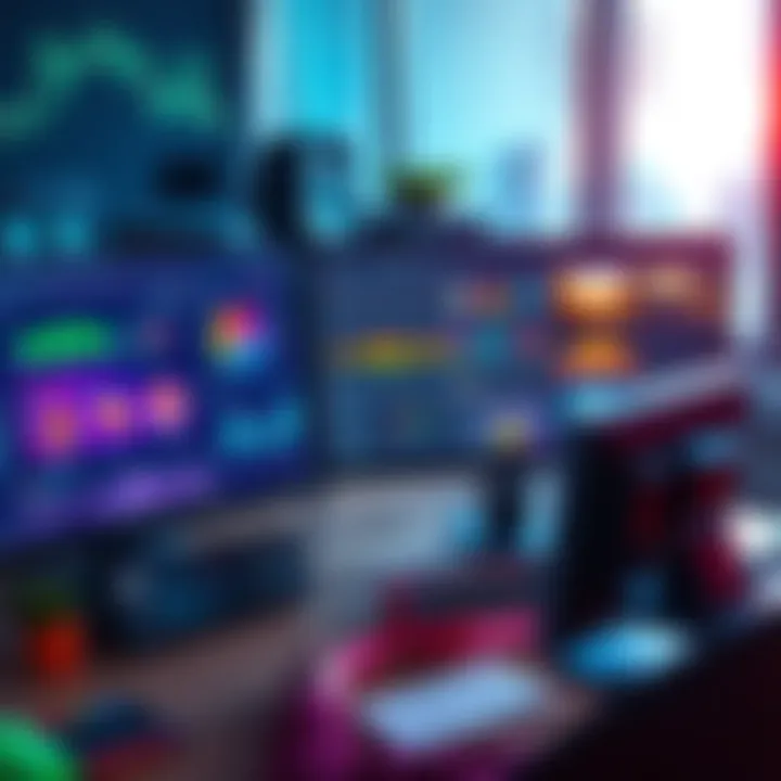 A motion designer creating visuals on a computer, showcasing colorful graphics and animations, with tools and software visible on the screen.