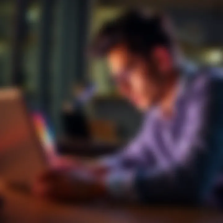 Individual examining a motion reel on a laptop, looking focused and thoughtful