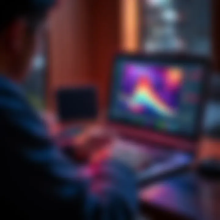 A person using AI software on a laptop to create motion videos, with colorful graphics displayed on the screen.