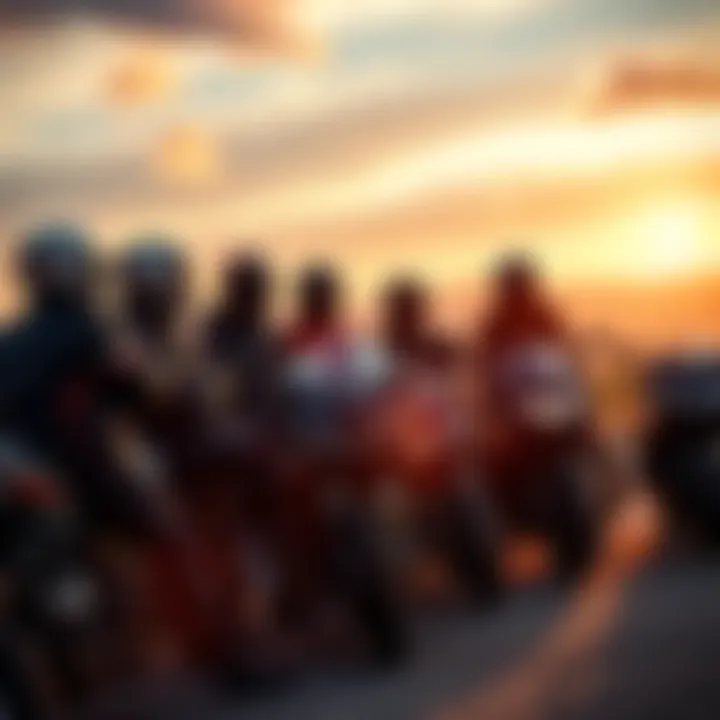 Group of riders discussing who is the best among them with motorcycles in the background