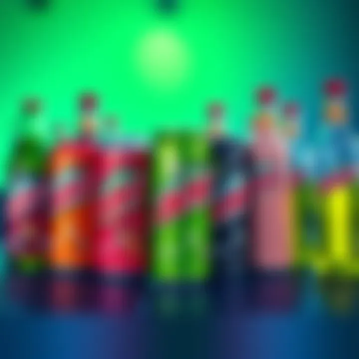 A selection of different Mountain Dew flavors displayed in colorful cans and bottles on a table.