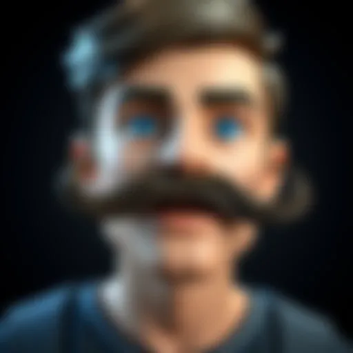 A character model with a detailed moustache rig, displaying smooth transitions and poses in animation software.