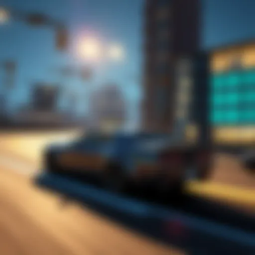 A car driving in a game scene with dynamic shadows cast on the ground, while buildings are illuminated with fixed lighting.