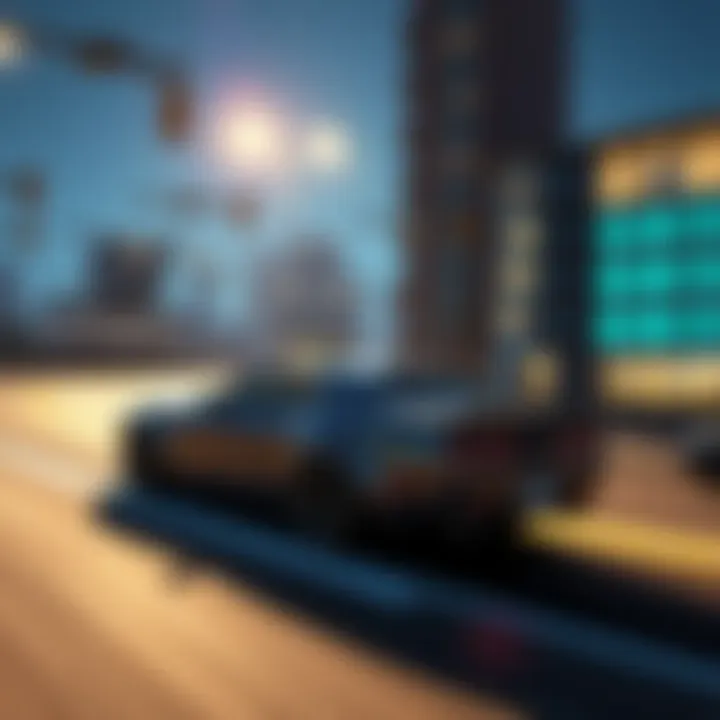 A car driving in a game scene with dynamic shadows cast on the ground, while buildings are illuminated with fixed lighting.