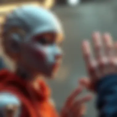 Moya, a lifelike ginoid with realistic skin and facial expressions, interacting with a person.