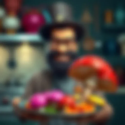 Mr. T holding a plate of colorful magic mushrooms in a kitchen setting