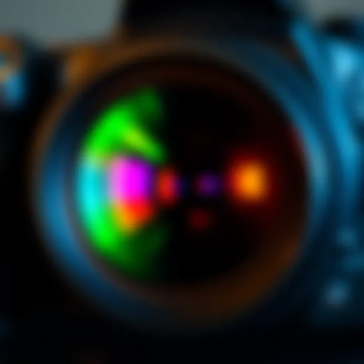 A vibrant photo showing a camera lens with multi-color light reflections creating a striking visual effect